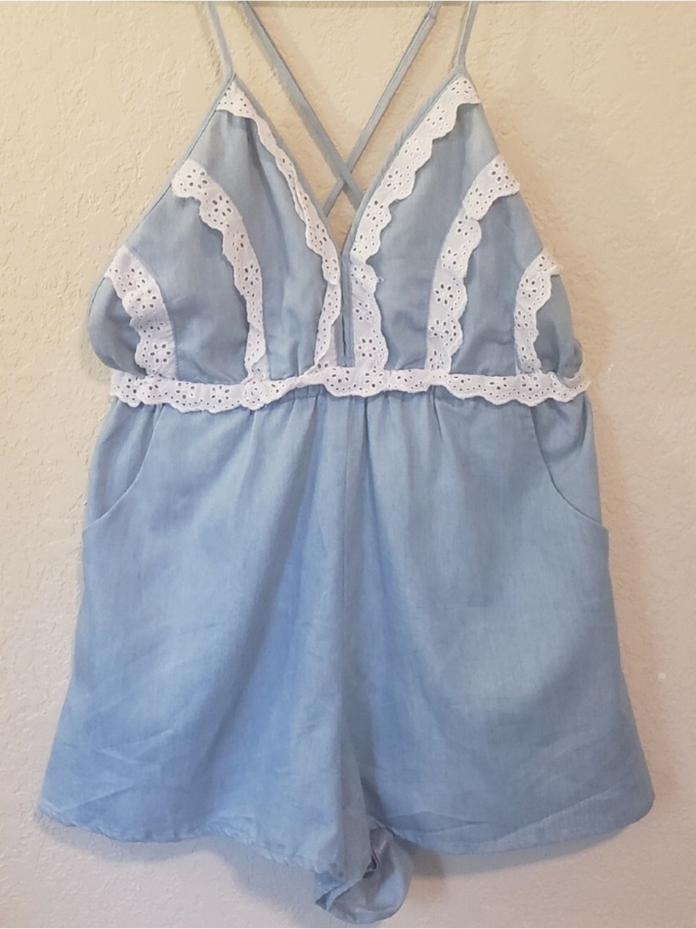 Tobi Light Blue Lace-Trim Romper Cami